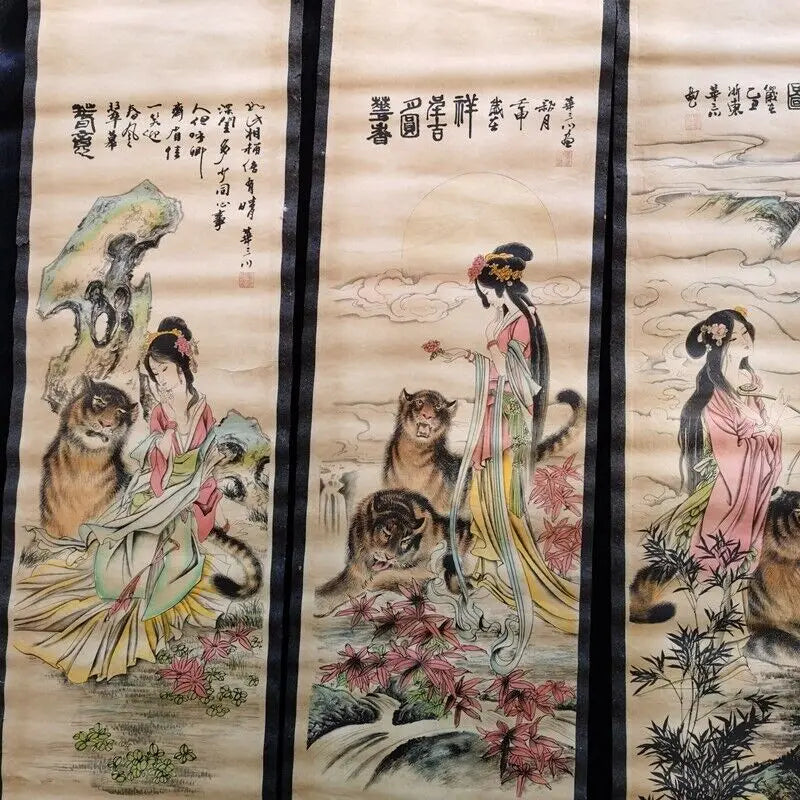 Chinese “Tiger Girl” Four‑Screen Calligraphy & Painting Scroll