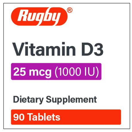 Rugby Vitamin D3 Dietary Supplement, 25 mcg