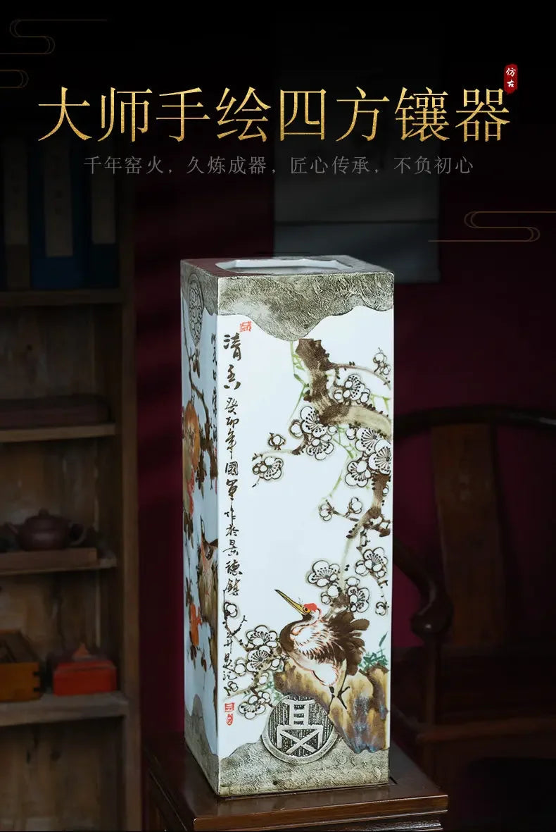 Hand-Painted Jingdezhen Scroll Cylinder Vase – Studio & Study Calligraphy Storage