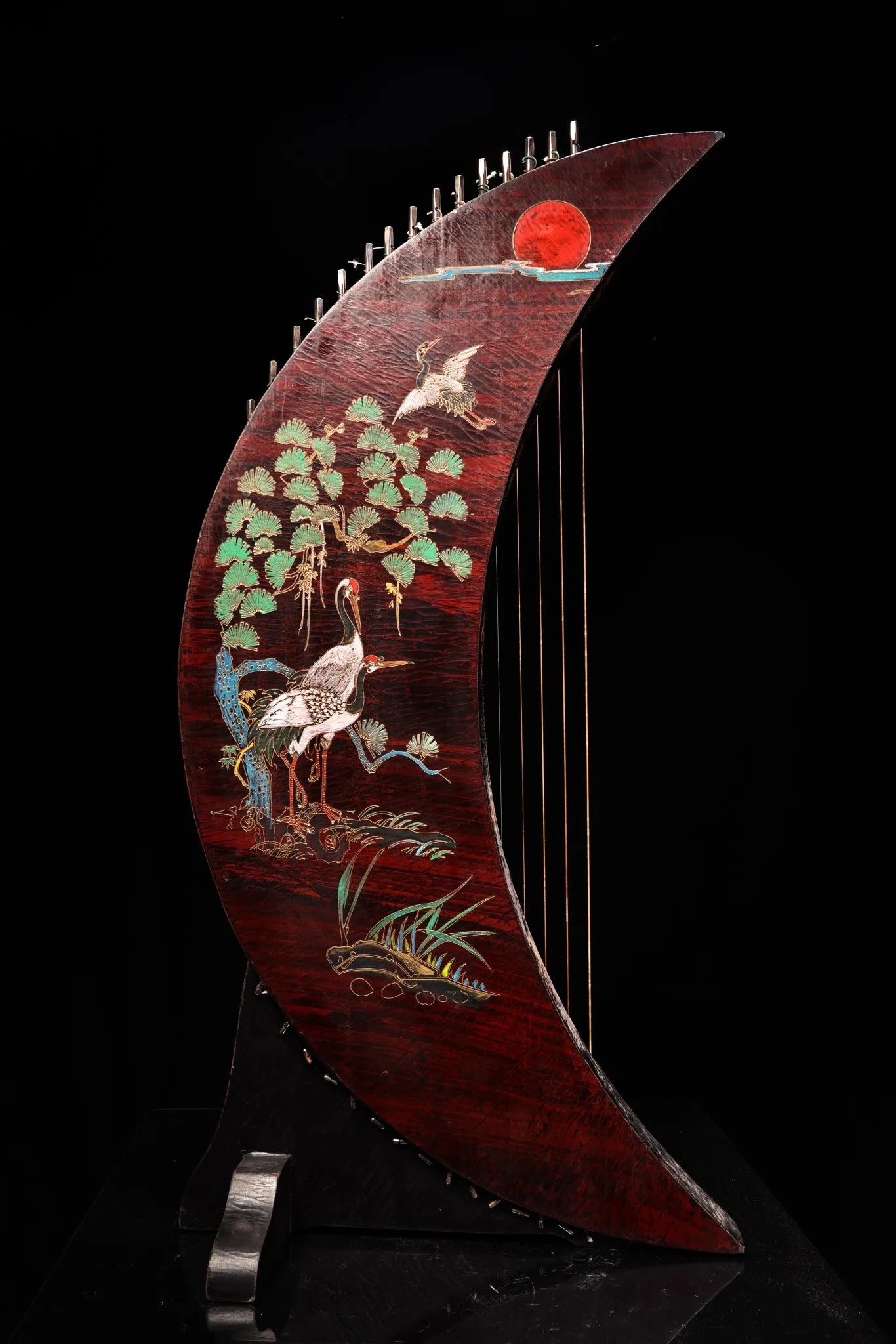 35" Nepalese Crescent Moon Guqin – Vintage Wooden-Bodied Lacquerware with Crane Motif