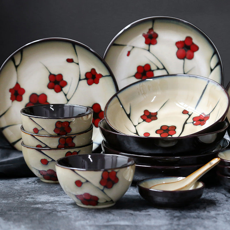 Japanese Floral Ceramic Tableware – Kiln-Glazed Bowls & Serving Plates