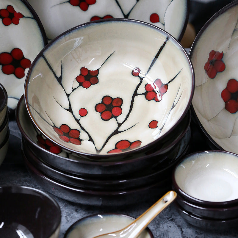 Japanese Floral Ceramic Tableware – Kiln-Glazed Bowls & Serving Plates