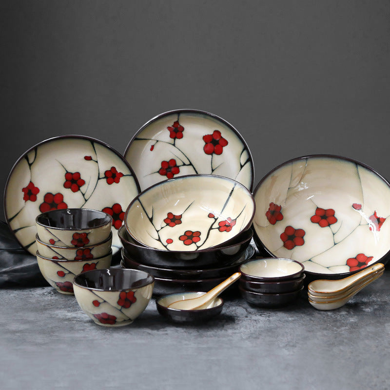 Japanese Floral Ceramic Tableware – Kiln-Glazed Bowls & Serving Plates