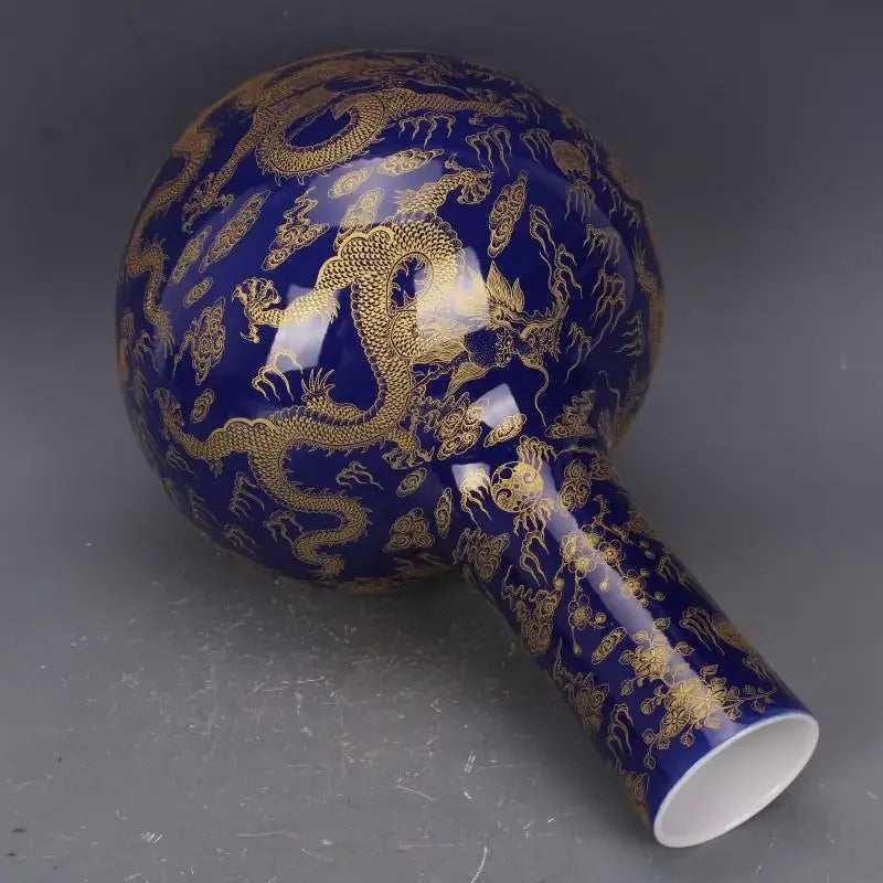 Qing Kangxi Blue-Ground Celestial Globe Vase – Gold-Gilt Flower, Cloud & Dragon Motif | Jingdezhen Porcelain