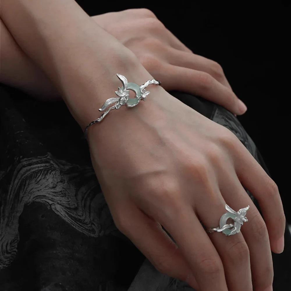 Sterling Silver Orchid Round Jade Adjustable Ring