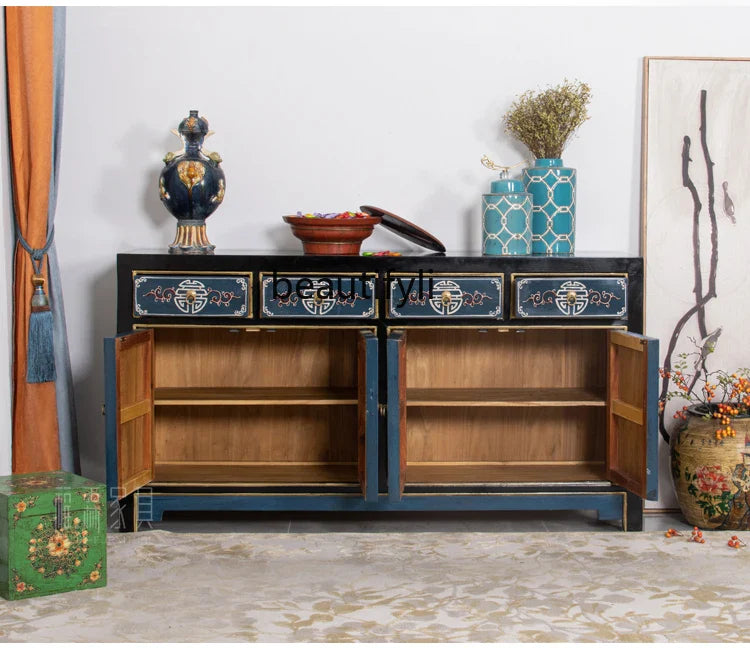 Antique‑Style Chinese Painted Cabinet – Solid Wood Foyer & Living Room Partition (160 × 43 × 85 cm)