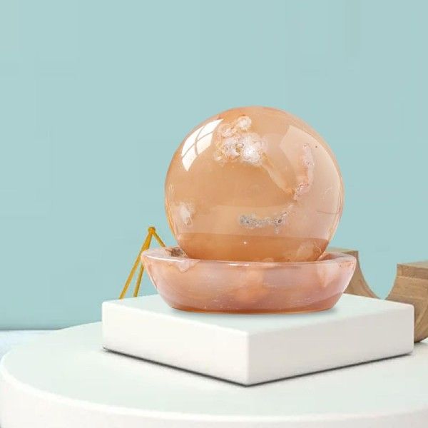 Natural Agate Gemstone Cherry Blossom Sphere with Display Bowl