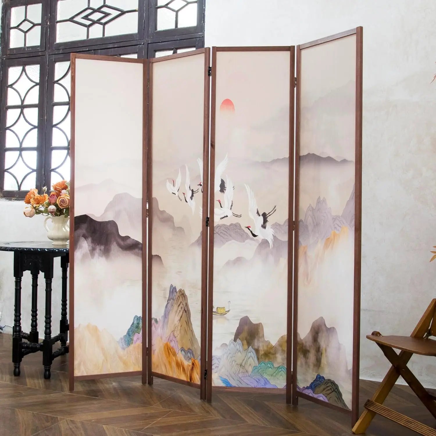 4 Panel Room Divider, Double-Sided Folding Privacy Screen for Home Office – Freestanding Wall Partition with New Chic Colorful Landscape 67" H x 63" W - 5.6 ft Tall
