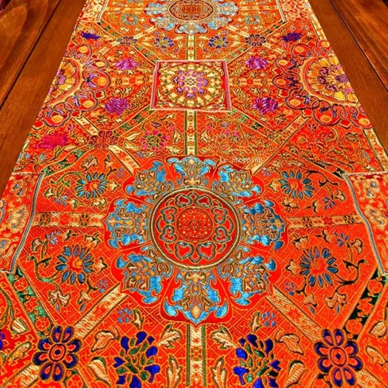 1.5m*35cm/2m*35cm Tibetan Style Satin Fabric Table Flag/Retro Rich Lotus PatternClassical Coffee Table Cloth Buddhist Decoration