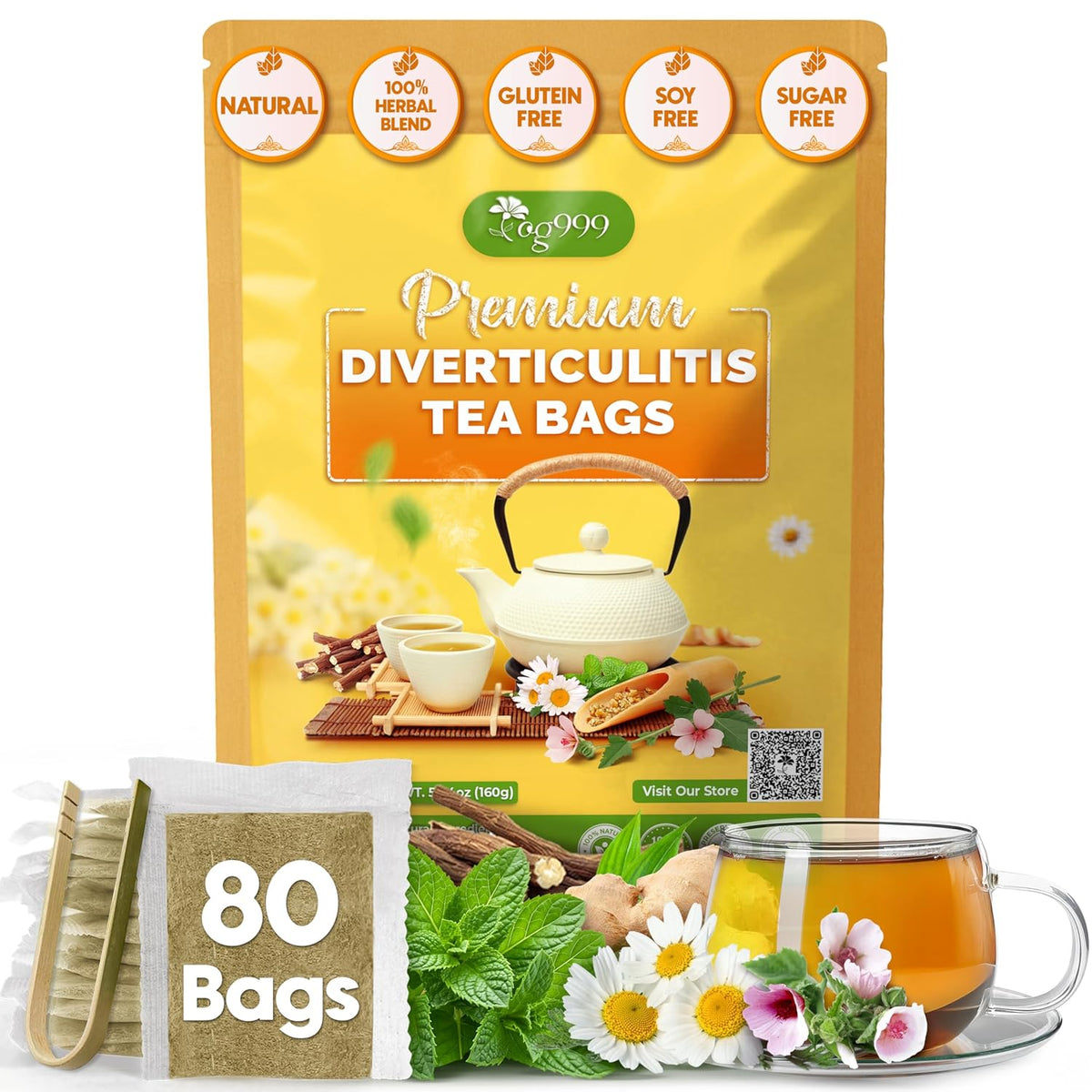 Premium Diverticulitis Tea Bags | 100% Natural Chamomile, Peppermint, Marshmallow Leaf, Wild Yam Root, Licorice & Ginger Herbal Blend