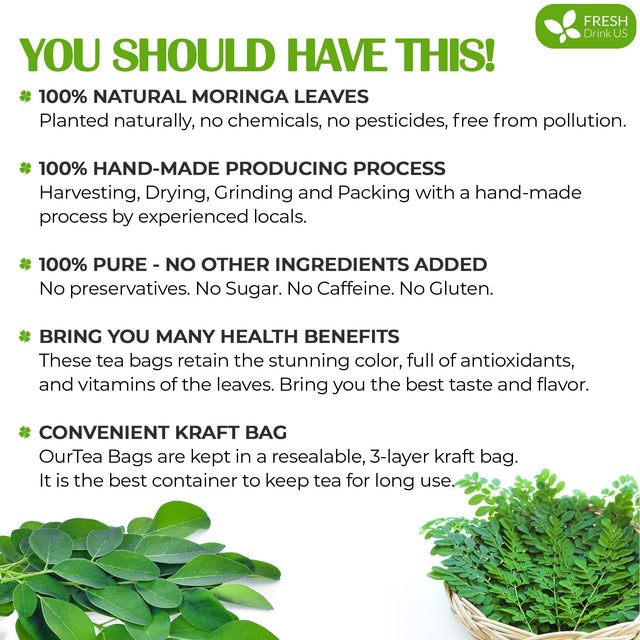 Moringa Leaf Tea Bags, 100% Natural & Pure from Moringa Leaves. Loose Leaf Moringa Herbal Tea. Moringa Leaf Tea. No Sugar, No Caffeine, No Gluten, Vegan