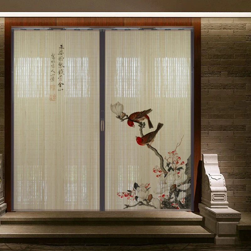 Printed Bamboo Sliding Door Partition Traditional Chinese Room Divider Foldable Screen