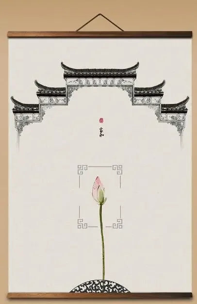 AS3053 Chinese Style Chinese Traditional Building Flower Room Wall Art Canvas Posters Chinese Solid Wood Scroll Paintings