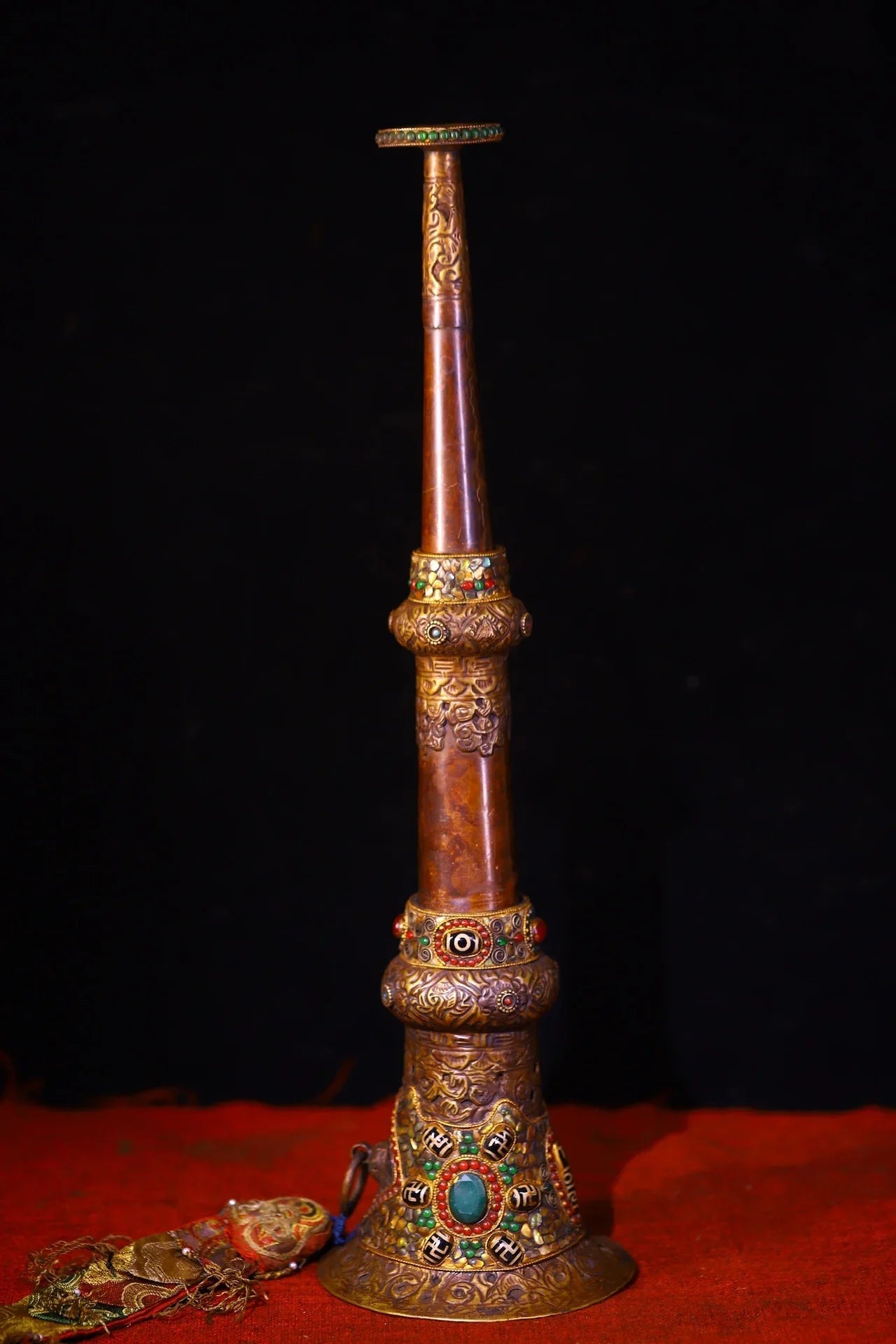 Tibetan Temple Purple-Bronze Prayer Horn – Mosaic Gem & Gzi Bead Amulet