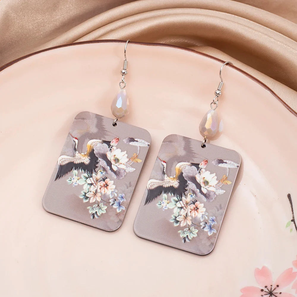 Chinese Crane Flower Dangle Earrings – 3D Printed Acrylic
