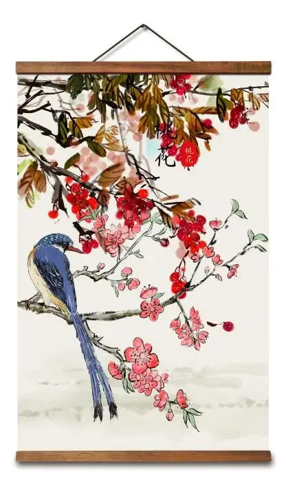 AS3040 Chinese Style Flower Bird Room Wall Art Canvas Posters Chinese Solid Wood Scroll Paintings