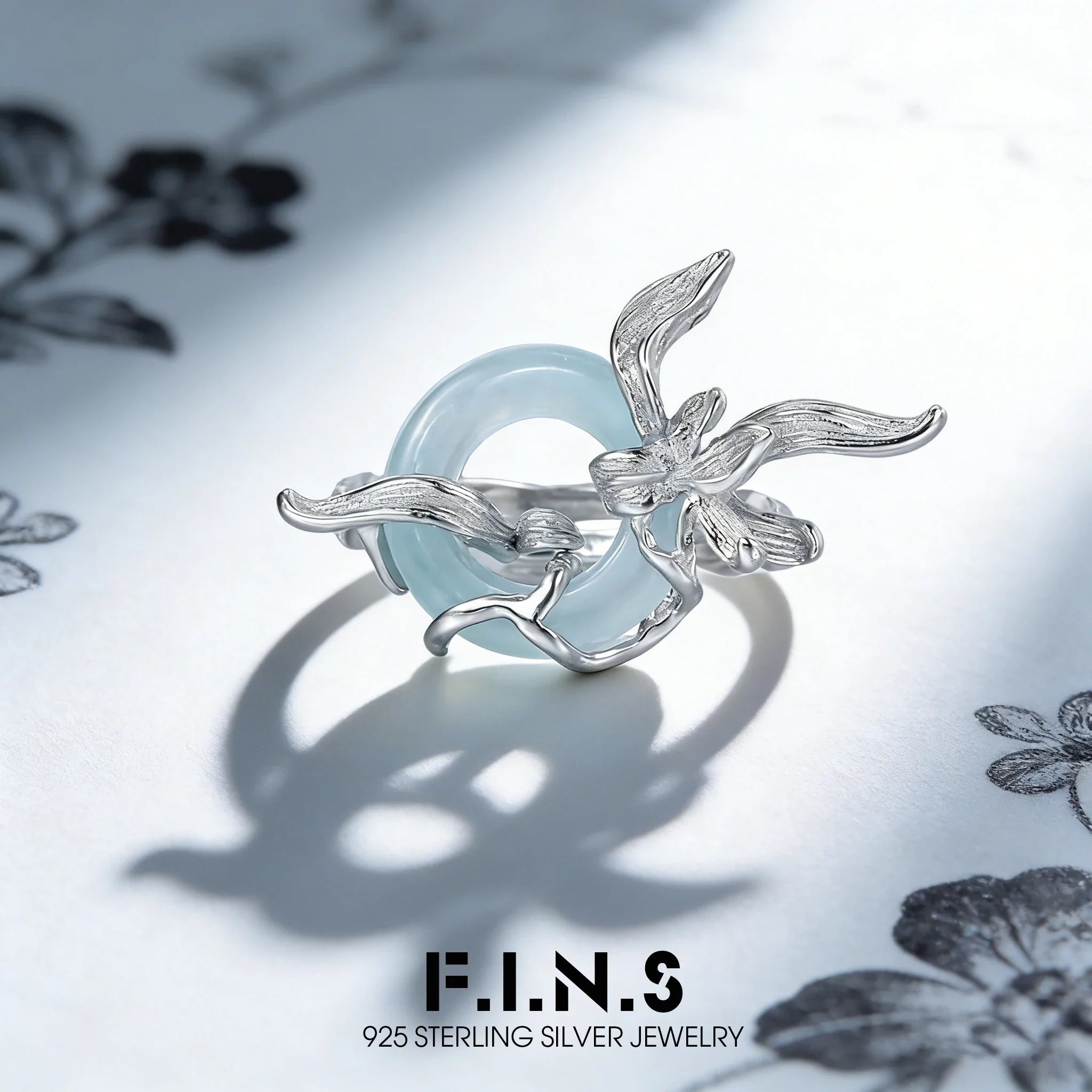 Sterling Silver Orchid Round Jade Adjustable Ring