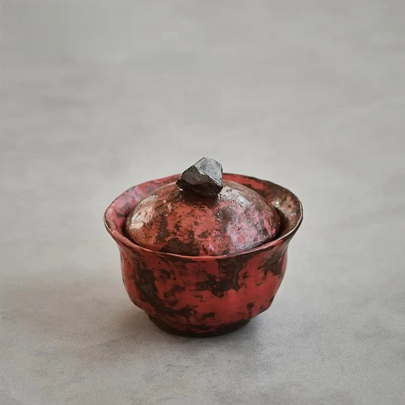 120ml Handmade Powder Yin Red Gaiwan – Japanese Coarse Pottery Tea Tureen