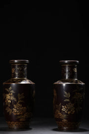 Pair of Tibetan Temple Vintage Porcelain–Lacquerware Vases – Gold Phoenix & Peony (22cm)