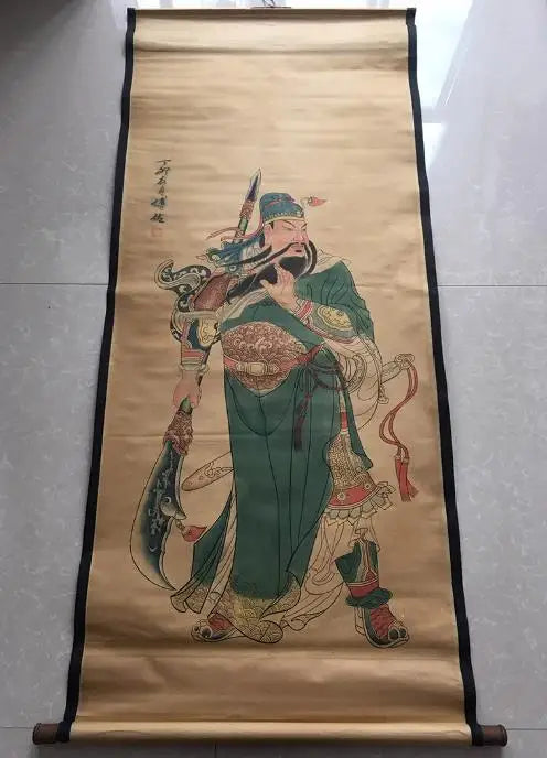Antique Guan Gong Scroll – Hand-Painted Chinese Long Axis Wall Hanging