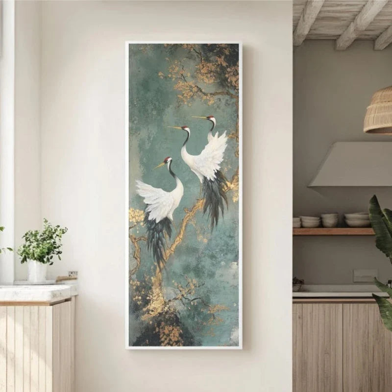 Japanese Style Golden Crane Decorative Poster, Luxury Canvas Painting Vertical Frameless Mural for Entrance Hallway