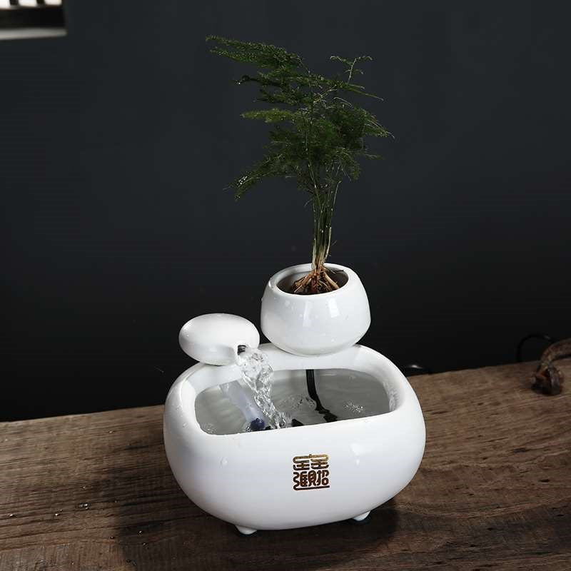 Ceramic Flowing Water Fountain with Mist – Desktop Zen Humidifier Ornament
