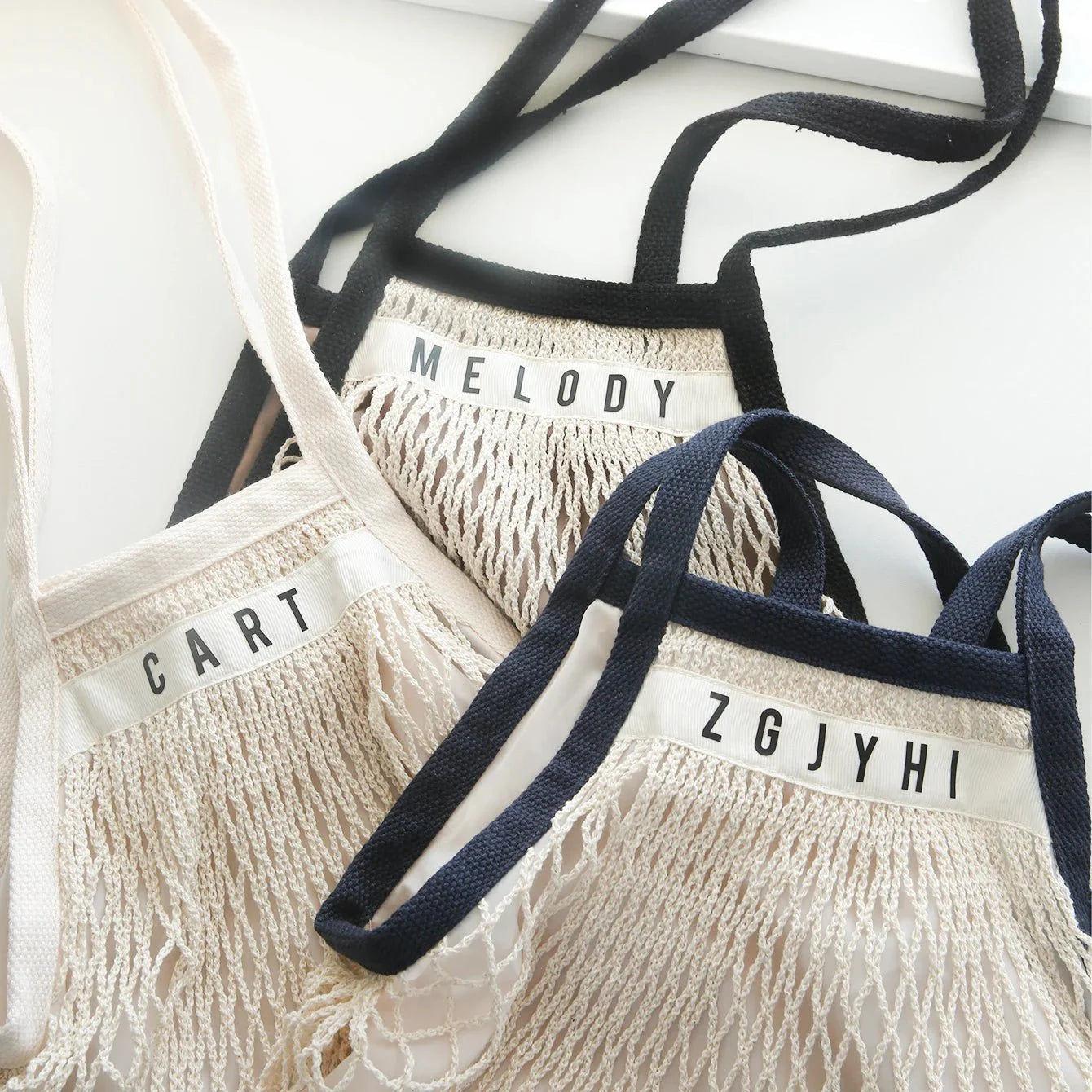 1PCS Personalised Name Mesh organic Cotton Bag