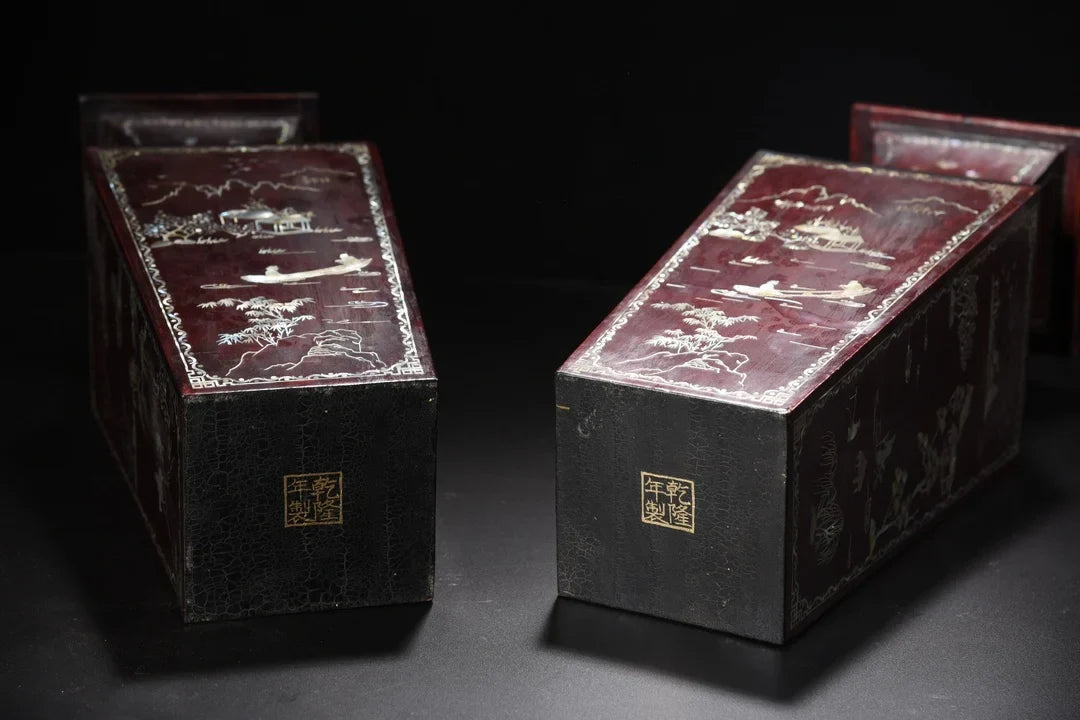 Pair of Semi-Antique Tibetan Temple Lacquerware Square Vases – Painted Landscape (35cm)