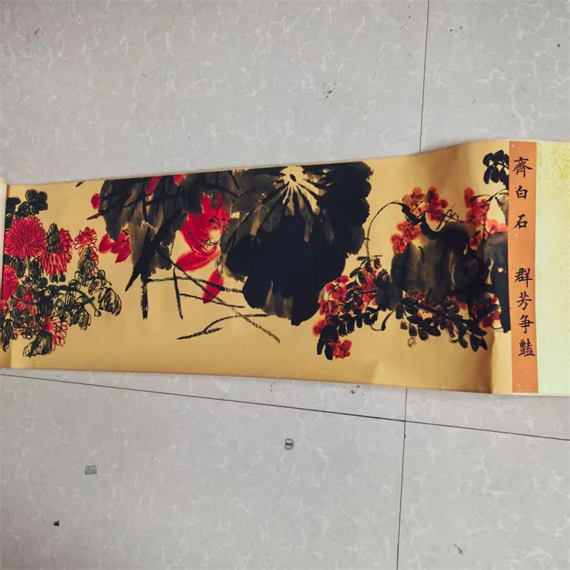 Old Chinese Long Scroll – Qi Baishi Inspired Watercolor “Competition of Flowers”