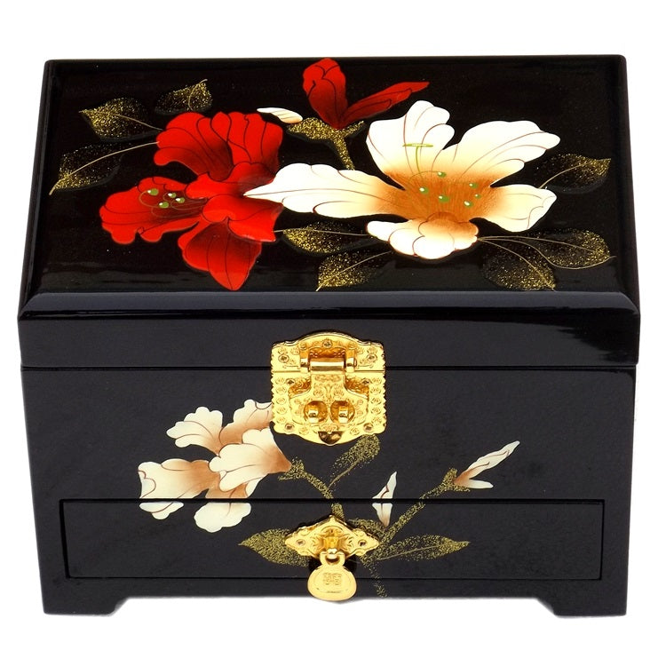 Push‑Top Lacquer Jewelry Box – Red & Black Dowry‑Style Wood Chest