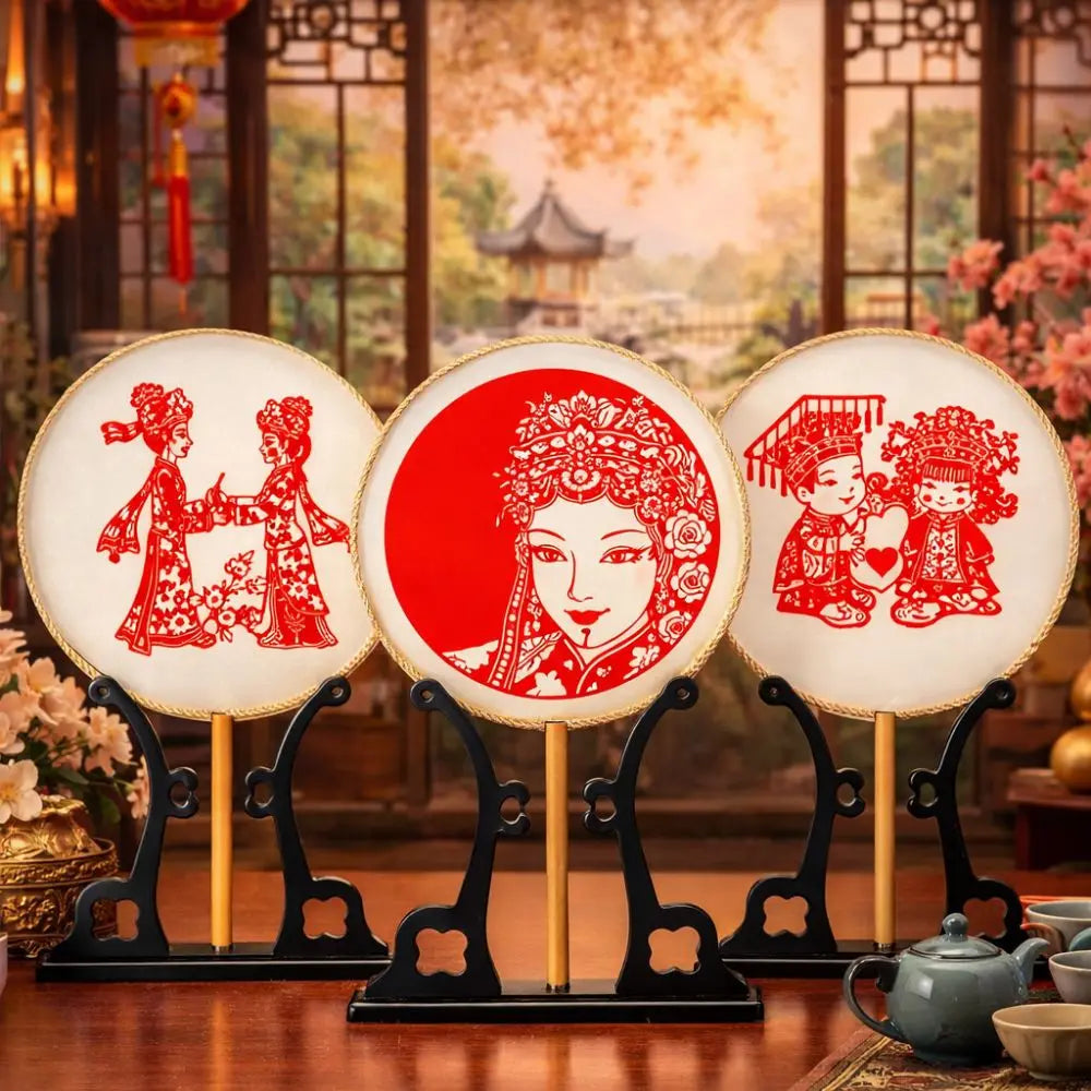 Chinese Paper-Cut Bamboo Silk Hand Fan with Tassel