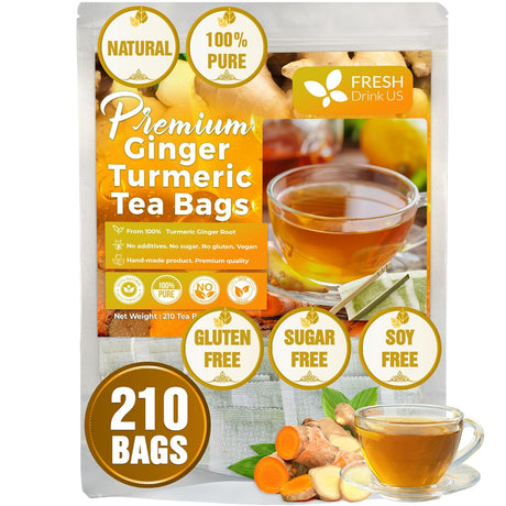 Premium Ginger Turmeric Tea Bags, Hand-made Blend of Ginger and Turmeric Herbal Tea, Eco-conscious Tea Bags. No Sugar, No Caffeine, No Gluten, Vegan.