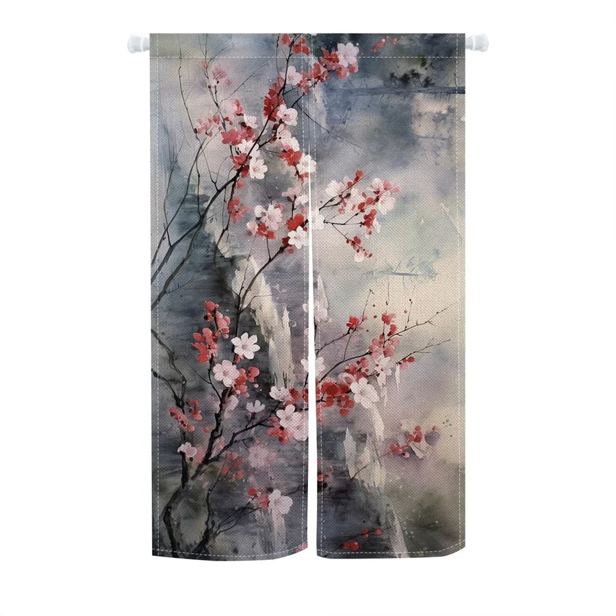 Japanese Ukiyo-e Floral Noren Door Curtain – Linen Blend Room Divider