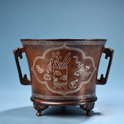 Tibetan Temple Purple-Bronze Incense Burner – Semi‑Antique Ruyi Ear Censer with Silver Inlay (6")
