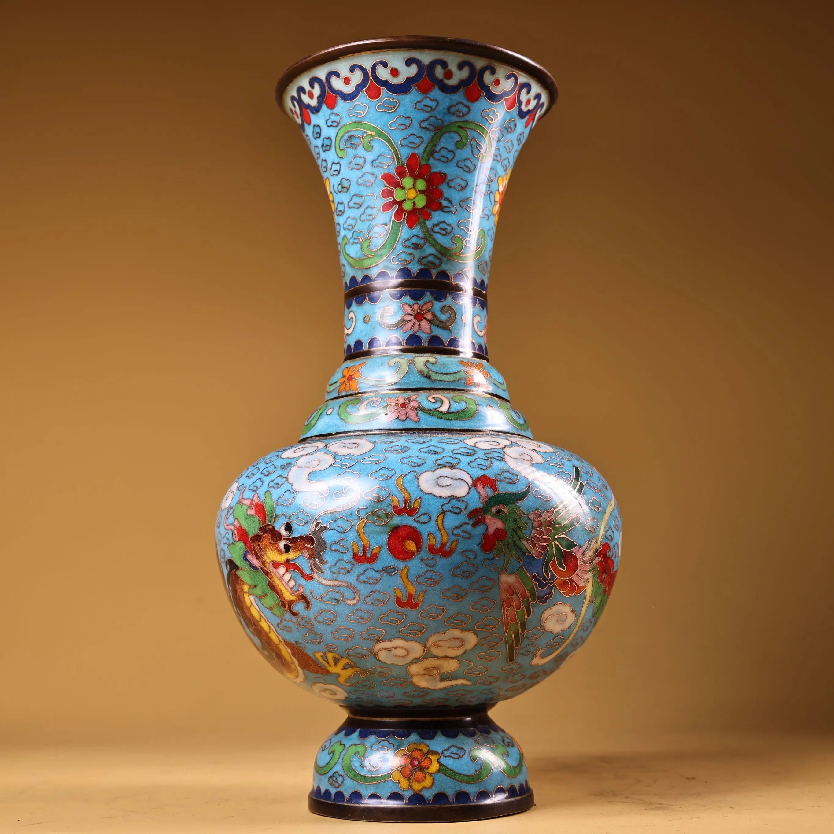12" Bronze Cloisonné Dragon & Phoenix Vase – Asian Home Decor Wealth Ornament