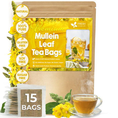 Mullein Leaf Tea Bags, 100% Natural & Pure from Mullein Leaves. Loose Leaf Mullein Herbal Tea. Made with Natural Material Tea Bags. No Sugar, No Caffeine, No Gluten, Vegan.