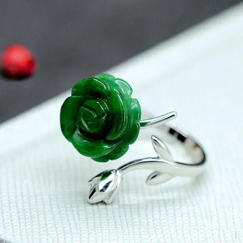 925 Silver White Hetian Jade Flower Adjustable Ring Jewelry Zircon Charm Gifts Crystal Amulet Men Women Chalcedony Fashion