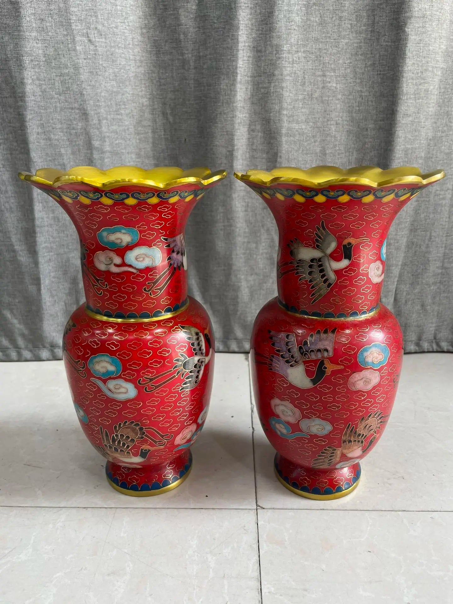 Tibetan Bronze Cloisonné Longevity Crane Vases (Pair, 9")