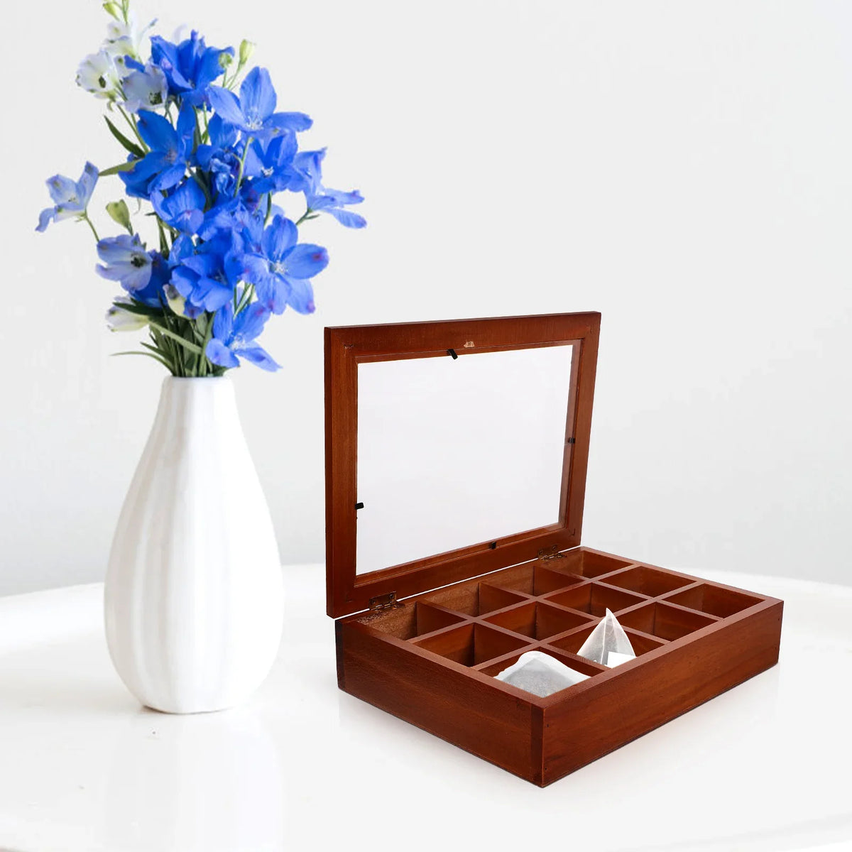 Transparent Acrylic Tea Bag Storage Box with 12 Grids For Home Decor Coffee Bar Holder Container Wooden Rack
