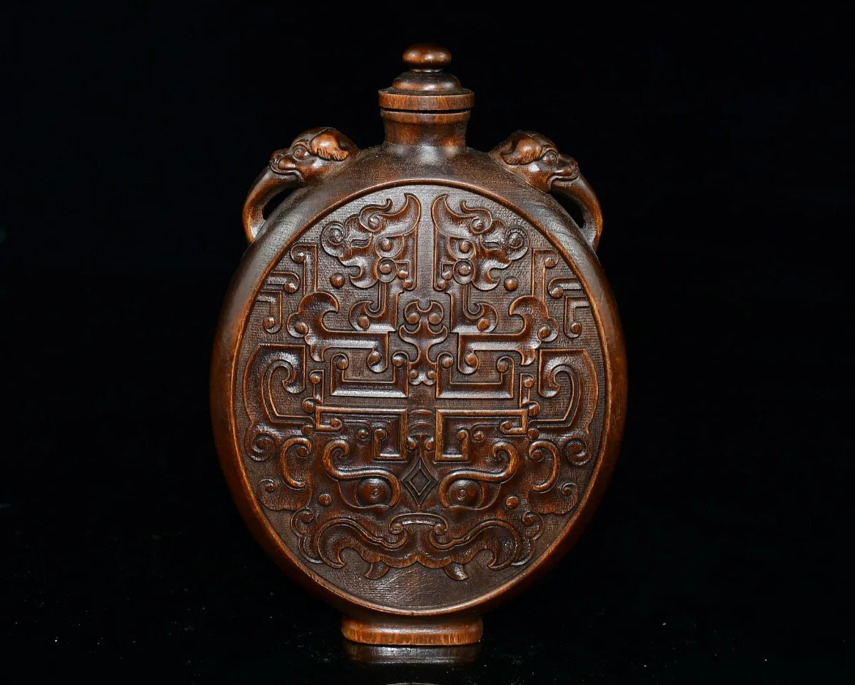 Tibetan Boxwood Flower Carved Snuff Bottle Dragon-Ear Vase