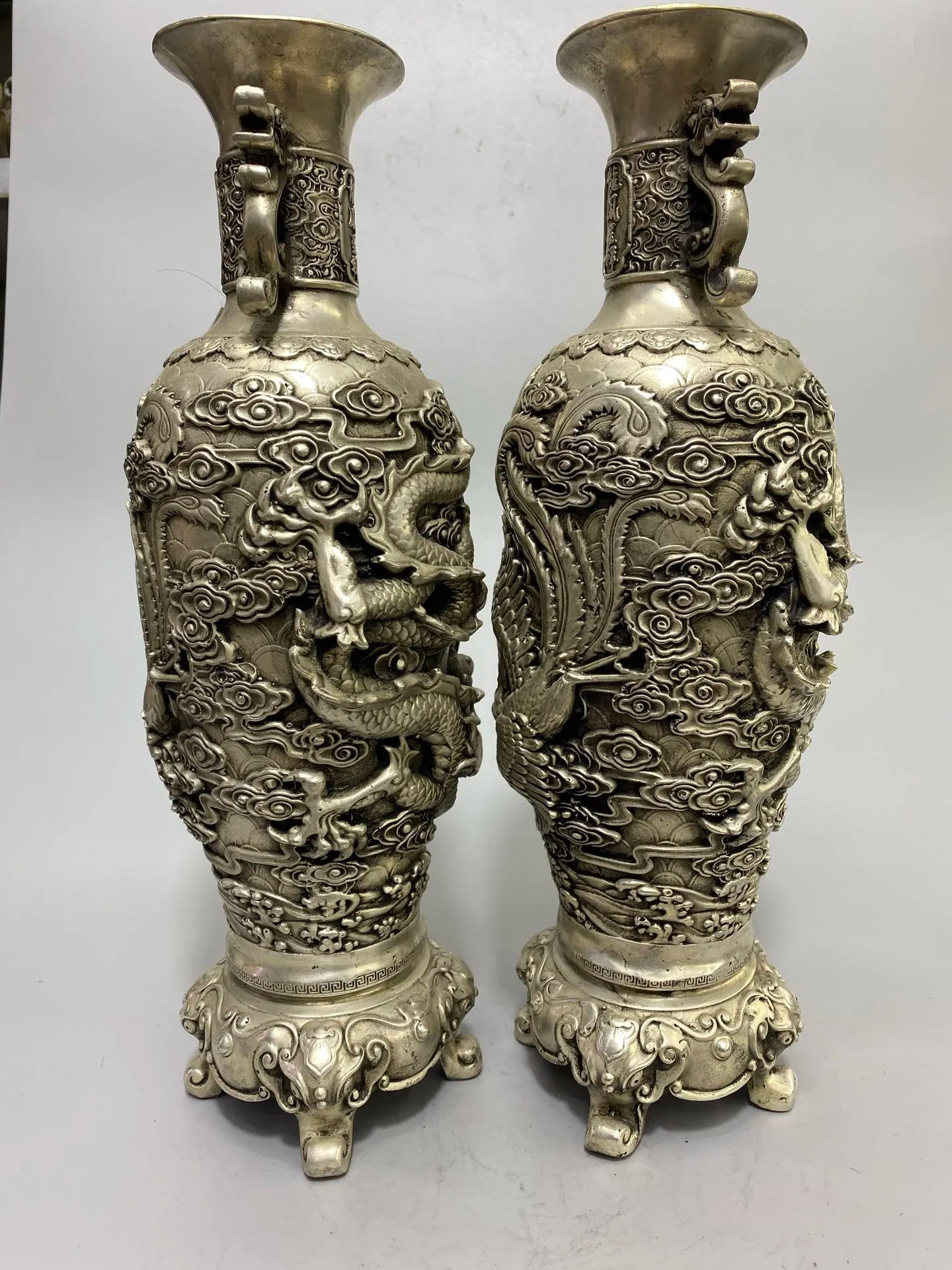 Tibetan Temple Vintage Bronze Pixiu Ear Vase – Gilded Silver Dragon & Phoenix (15")