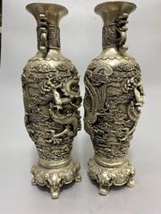 Tibetan Temple Vintage Bronze Pixiu Ear Vase – Gilded Silver Dragon & Phoenix (15")