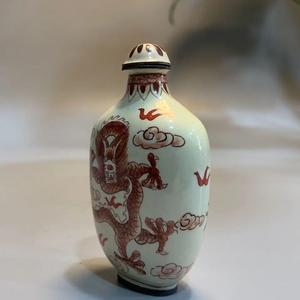 Early Collectible Snuff Bottle, Red Copper Body Enamel Double Dragon Design, Exquisite Craftsmanship,Cultural Hand Play Ornament