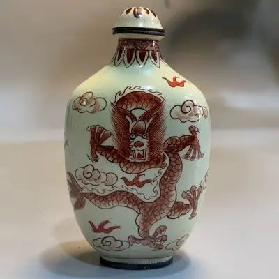 Early Collectible Snuff Bottle, Red Copper Body Enamel Double Dragon Design, Exquisite Craftsmanship,Cultural Hand Play Ornament