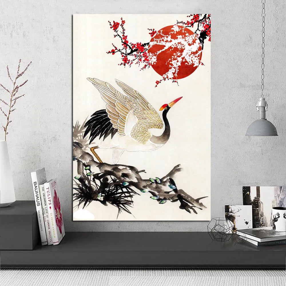 Wall Art Canvas Print and Poster  Painting Modern Pictures Japan Red-crowned Crane with Red Sun and Plum Bossom