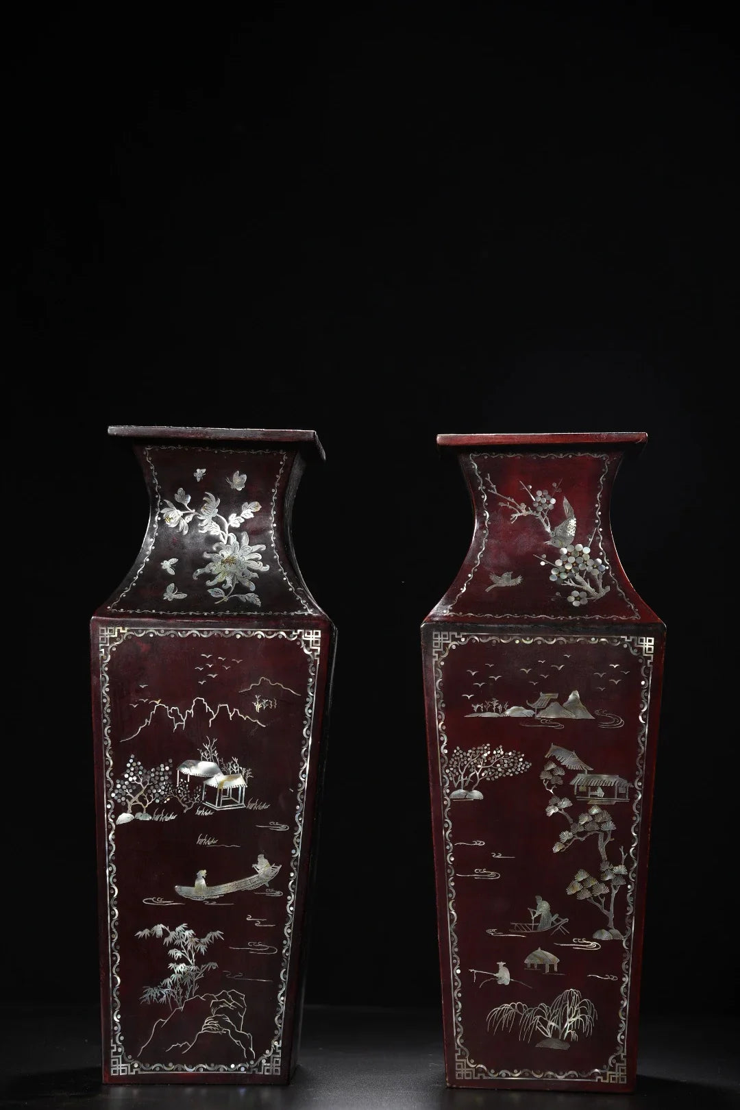 Pair of Semi-Antique Tibetan Temple Lacquerware Square Vases – Painted Landscape (35cm)