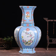 Hexagonal Enamel Porcelain Vase With Design Of Flowers And Birds