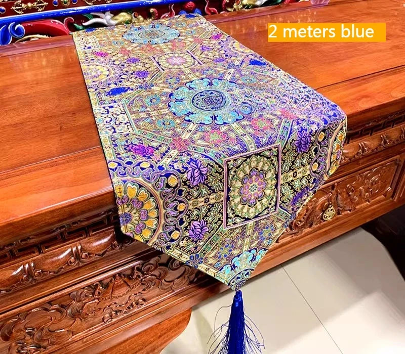 1.5m*35cm/2m*35cm Tibetan Style Satin Fabric Table Flag/Retro Rich Lotus PatternClassical Coffee Table Cloth Buddhist Decoration