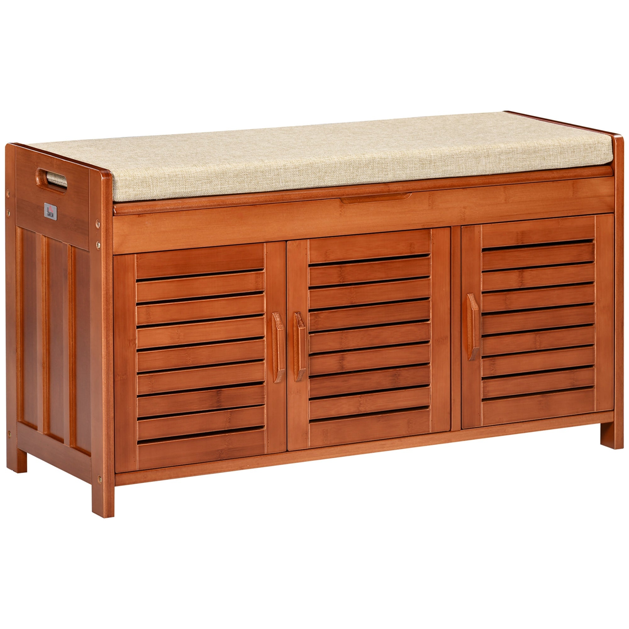 Shoe Bench with Cabinets, Bamboo Entryway Bench with Seating Cushion, 3 Doors and Hidden Compartment for Hallway, Dark Cherry