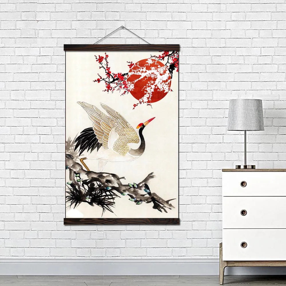 Wall Art Canvas Print and Poster  Painting Modern Pictures Japan Red-crowned Crane with Red Sun and Plum Bossom